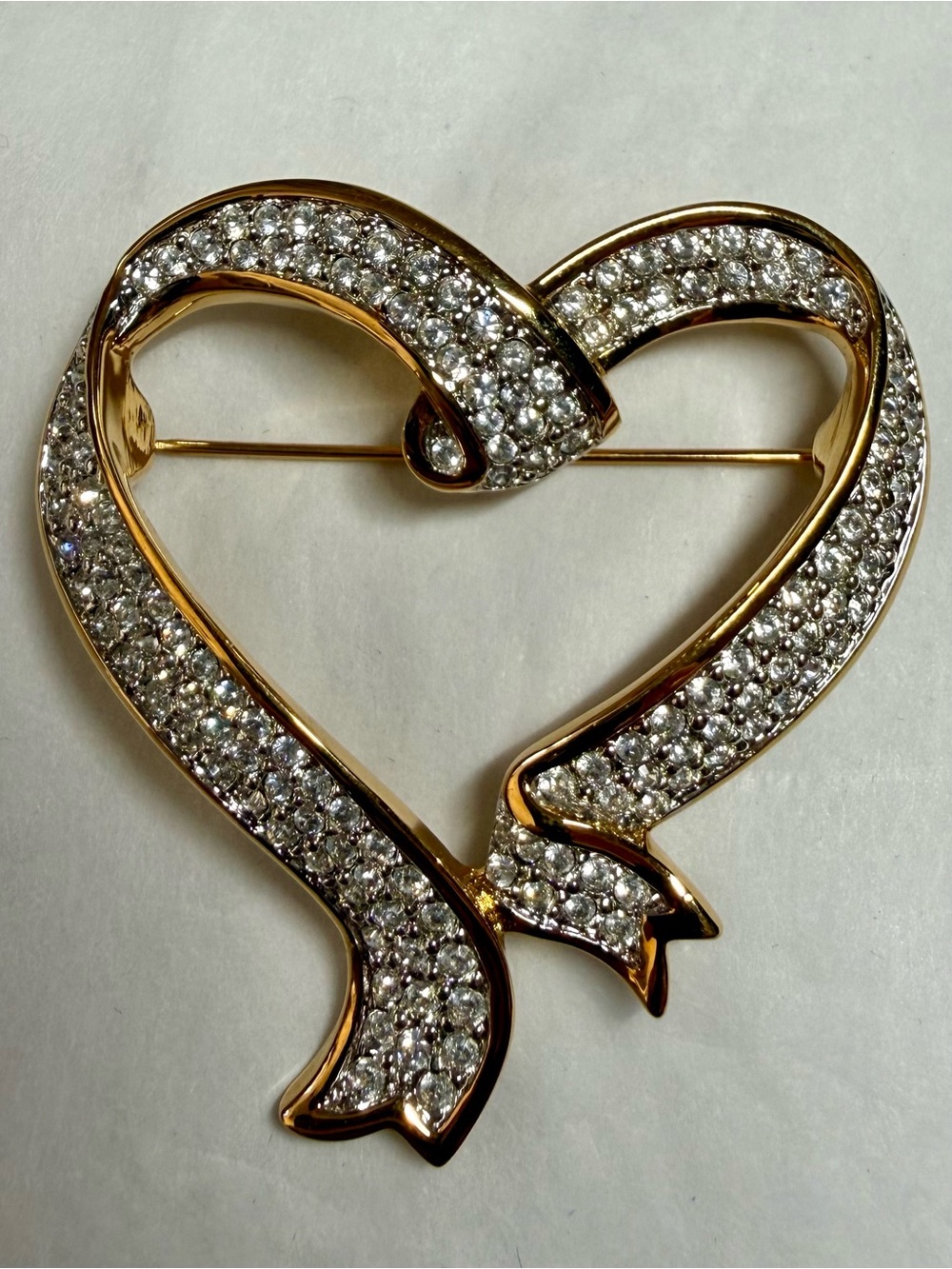 Swarovski Gold and Clear Crystal Heart Ribbon Brooch